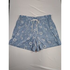 Casa Cabana Floral Print Linen Blend Paperbag Waist Shorts Women's L Blue White